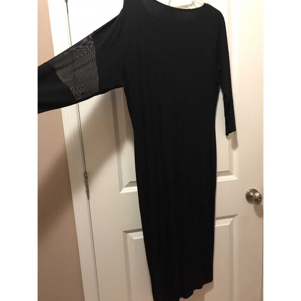 ASOS Black Bodycon Midi Dress US 18, All Black Sheer Sleeve, Stretch Jersey LBD